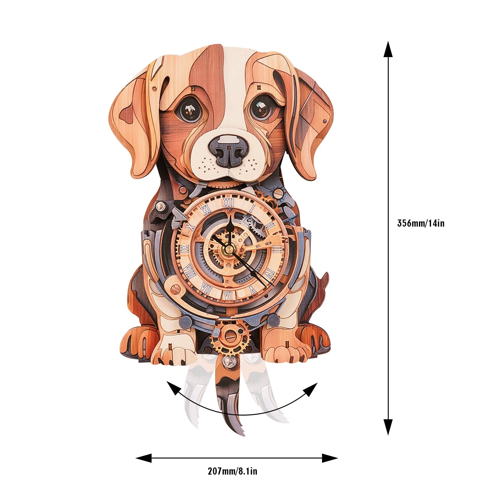 Cute beagle wooden clock 3D puzzle kit showcasing intricate design and dimensions, perfect for DIY enthusiasts.