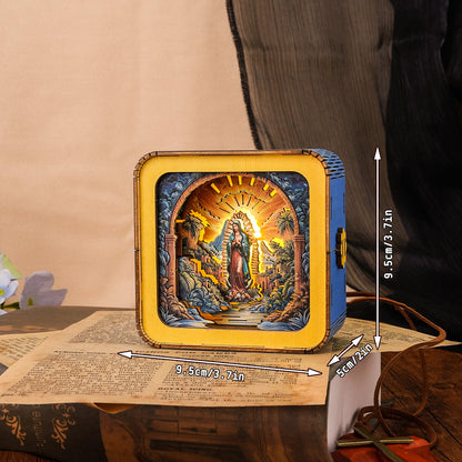 3D wooden puzzle night light featuring the Virgin Mary, with dimensions 9.5cm, beautifully illuminated.