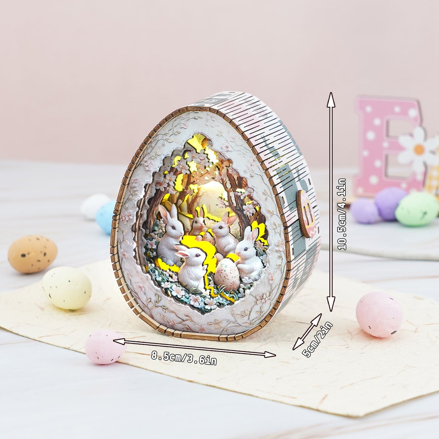 Easter Egg Secret Realm Kit - 3D wooden puzzle night light with bunny figures, vibrant colors, and soft illumination.